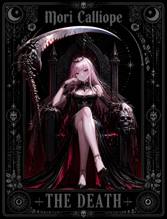 A gothic anime death card presents a pale pink-haired woman seated regally on a black throne, one le