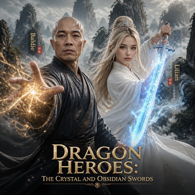 Title & Style:Promotional poster for the Wuxia drama "Dragon Heroes: The Crystal And Obsidian Swords