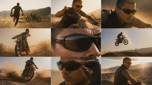 Cinematic action-sport eyewear commercial, photorealistic, 20-second video, 30fps, 16:9, 4K, fast dy