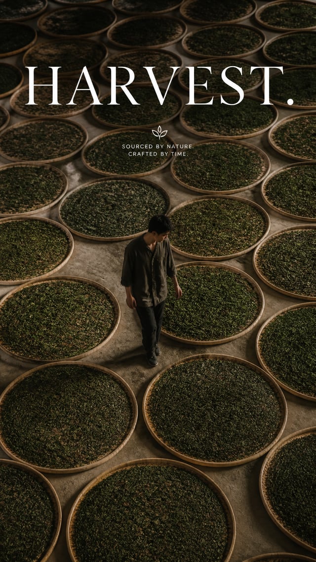 Premium editorial campaign.Main Subject: Young man inside a traditional tea leaf drying hall.Creativ