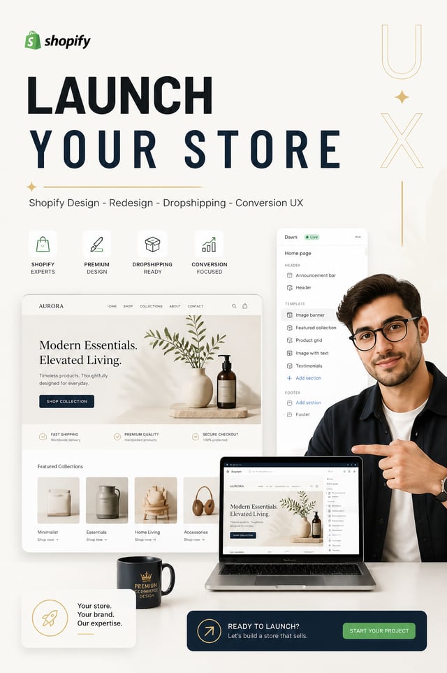 2:3 aspect ratio. Minimalist premium advertisement for Shopify store design and dropshipping website