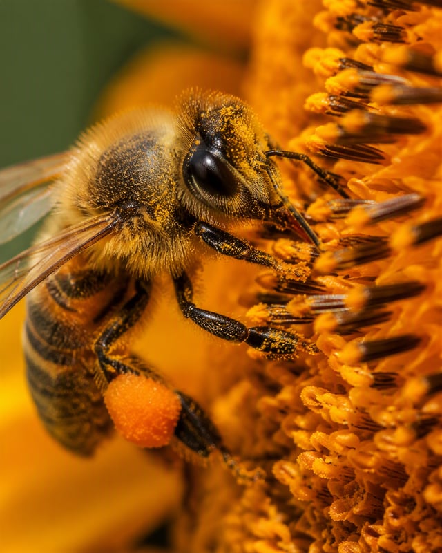 Create a hyper-realistic macro nature photograph of a honeybee in sharp detail collecting pollen fro