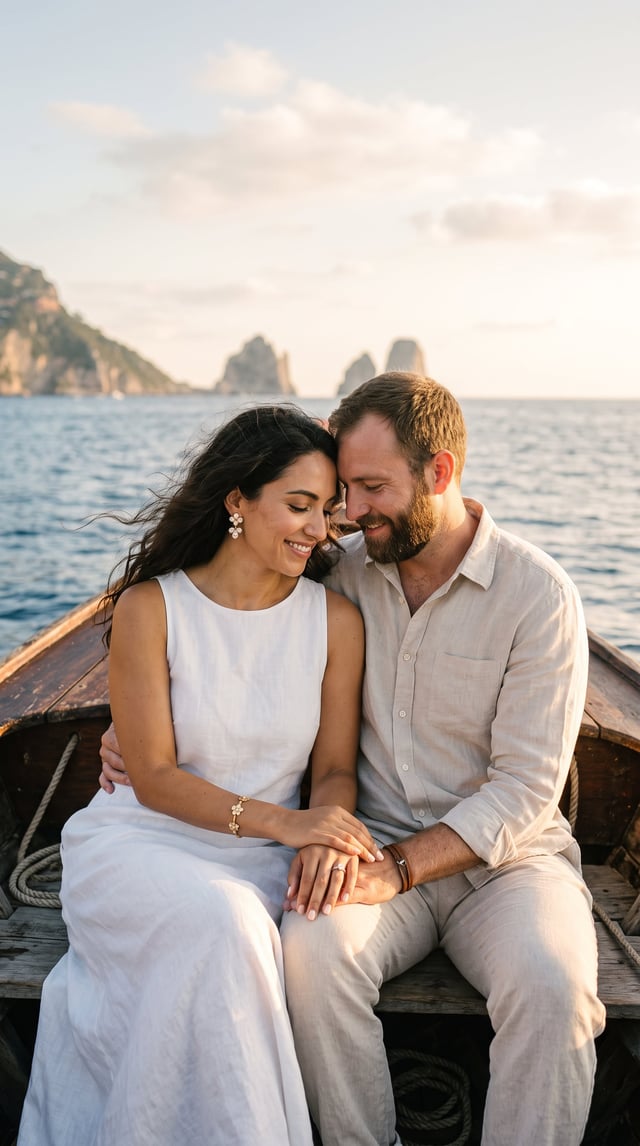 Photorealistic vertical portrait of an intimate couple seated in the bow of a wooden boat at sea dur