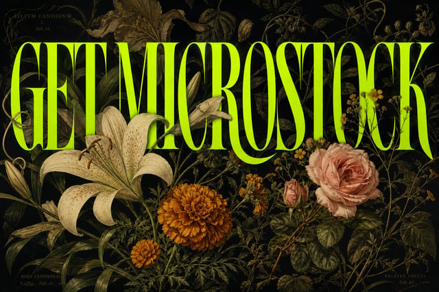 Editorial botanical poster design featuring the exact word “GETMICROSTOCK” n enormous uppercase neon