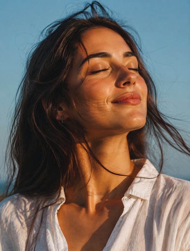Ultra-realistic golden hour close-up portrait of a young woman outdoors, Cleani face, eyes gently cl
