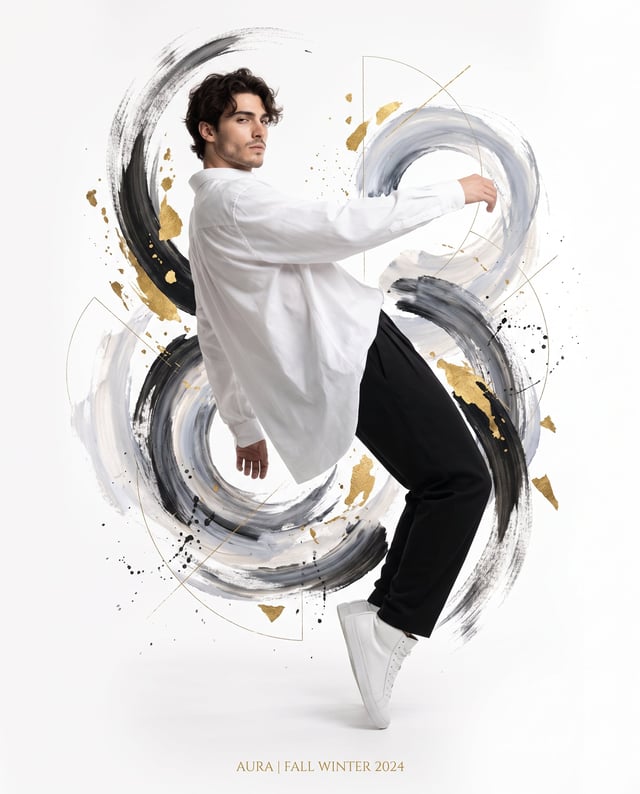 Create a high-fashion editorial fashion poster featuring a young male model captured in a dynamic, w
