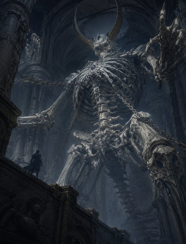 A retro anime style massive skeletal creature, huge, intricate, pale bone structure, with horns on i