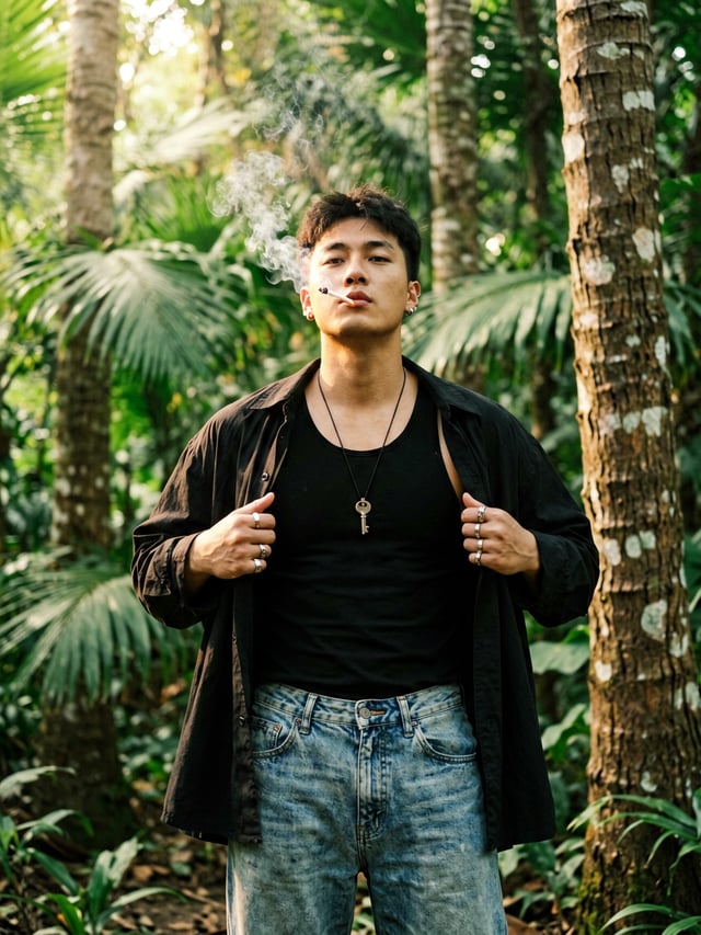 A young man stands in a dense tropical woodland, pulling open a loose black overshirt while wearing 