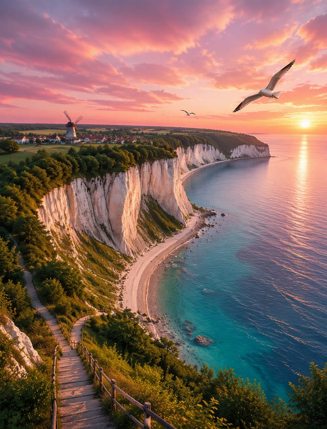 A captivating 3D render of a picturesque Danish landscape at sunset. The dramatic white chalk cliffs