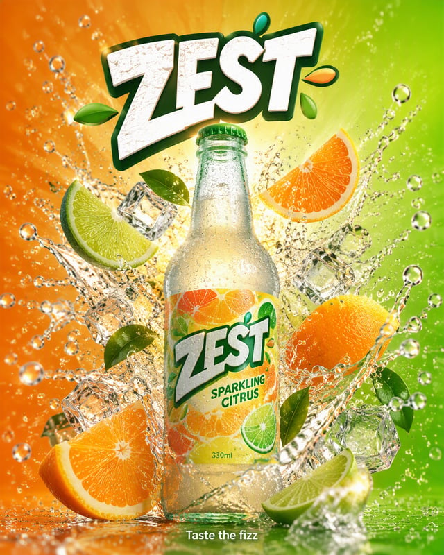 Create a hyper-realistic premium beverage advertising poster for a fictional sparkling citrus soda "