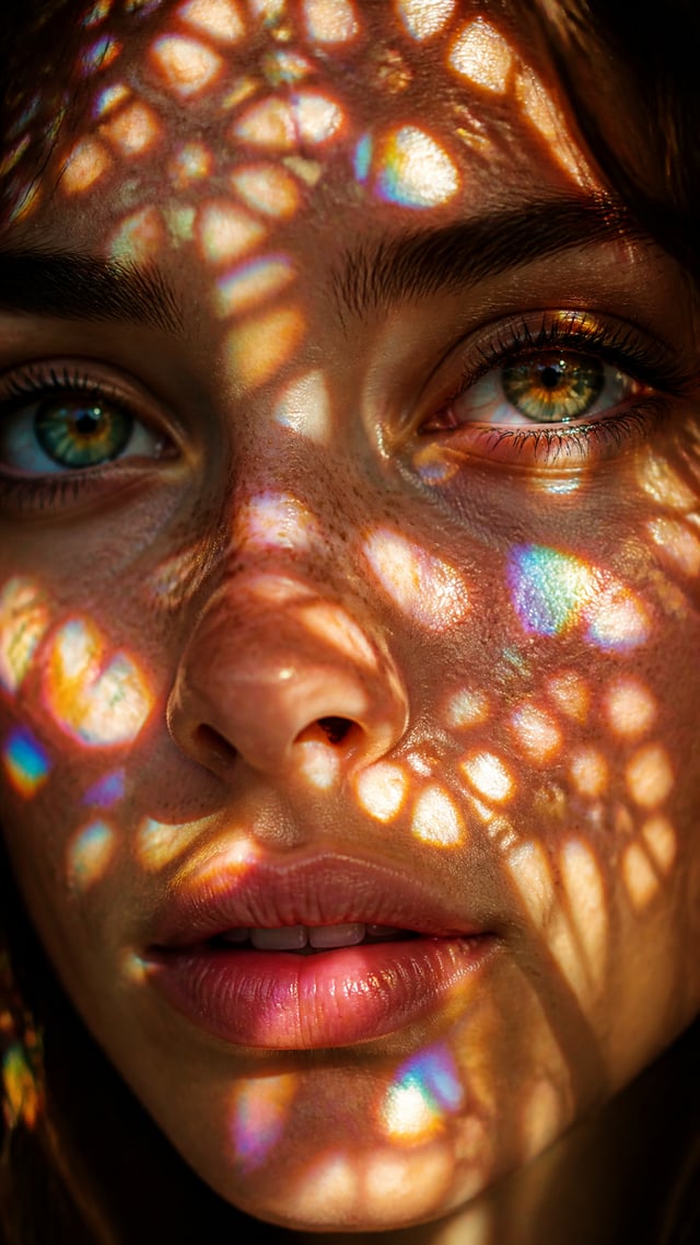 Photorealistic macro portrait photography, extreme close-up of a young woman's face, no change to fa