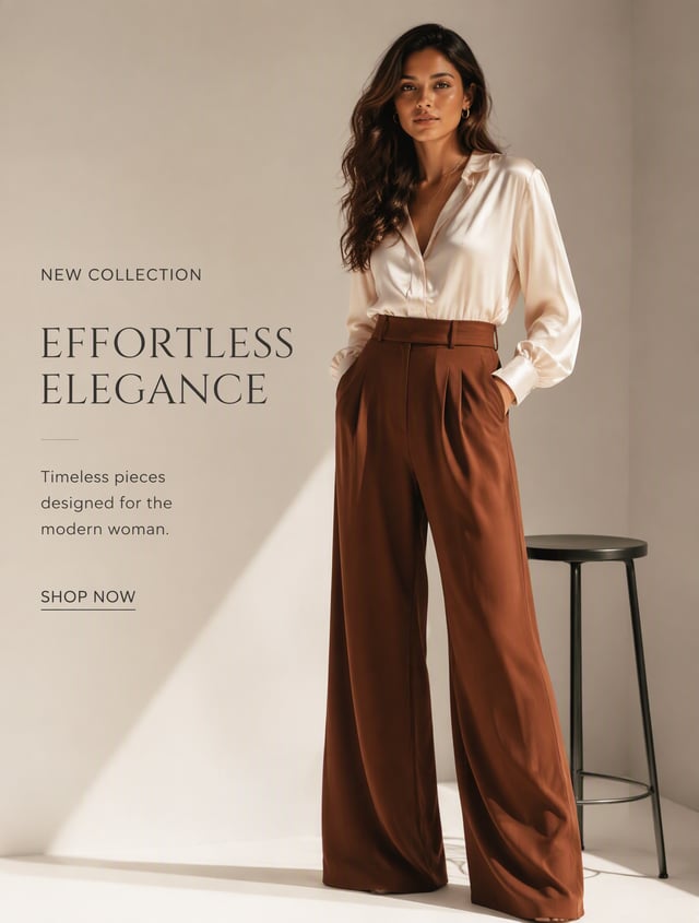 A confident elegant young woman posing naturally beside a minimal stool, wearing flowy high-waist wi