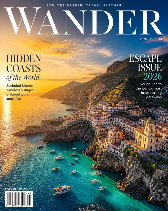 Create a premium travel magazine cover. FORMAT: 4:5 vertical, glossy newsstand layout. SUBJECT: a br