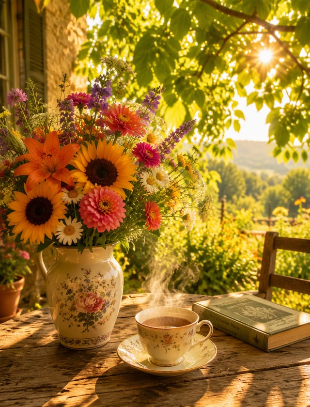 A delicate vase brimming with vibrant summer blooms and a steaming cup of tea rest gracefully on a r