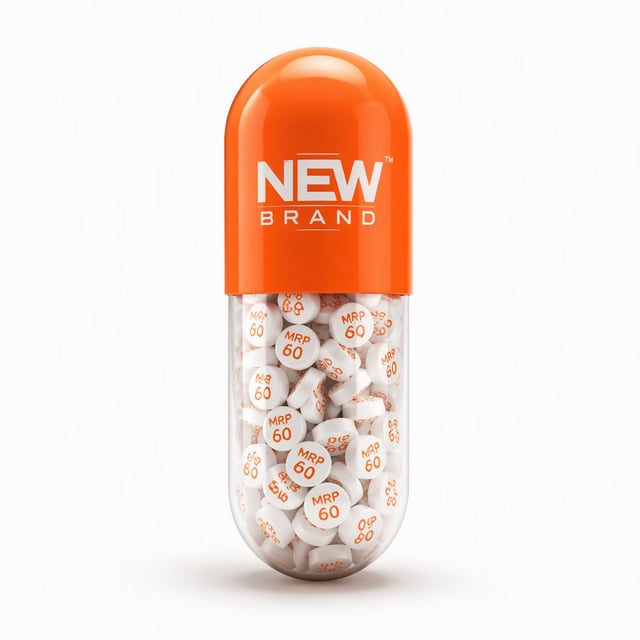 Create a minimal poster. A large capsule pill centered in the frame. The top half of the pill is sol