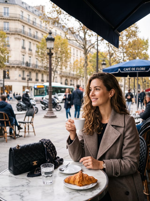 A stylish woman sits at a Parisian sidewalk café, gently holding a white espresso cup while gazing t