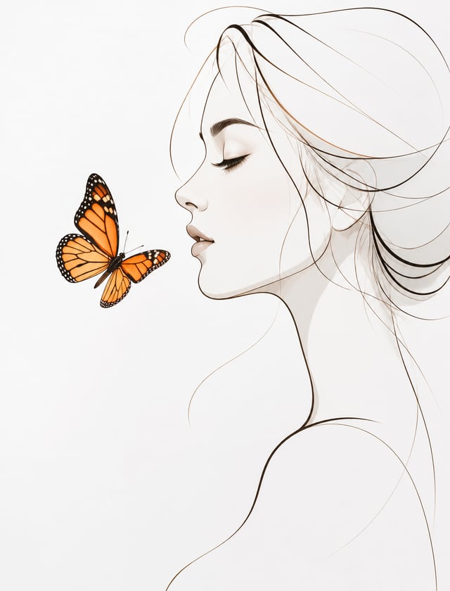 An elegant, minimalist composition featuring a single orange monarch butterfly gracefully flying nea