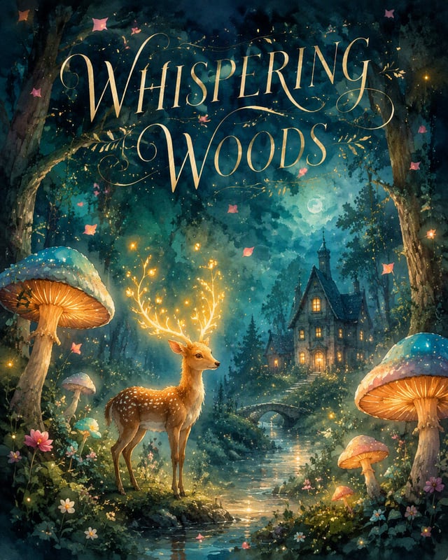A dreamy enchanted forest illustrated in soft luminous watercolor. FORMAT: 4:5 vertical, gallery-gra