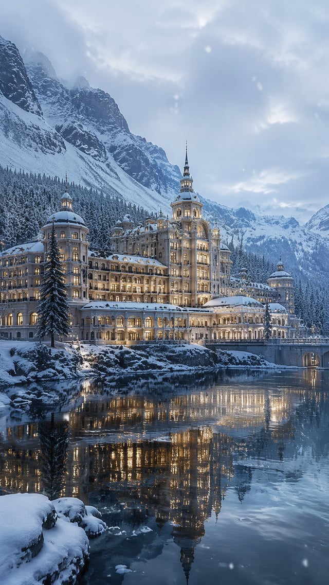 Ultra realistic luxury winter palace surrounded by snow-covered mountains. Grand elegant architectur