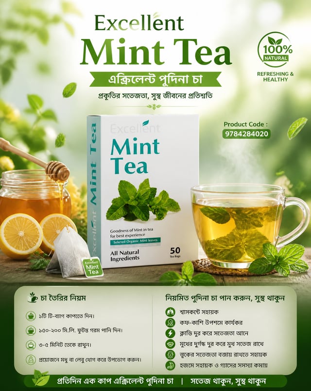 একটি আকর্ষণীয় ও পেশাদার Excellent Mint Tea - এক্সিলেন্ট পুদিনা চা পণ্যের বিজ্ঞাপন পোস্টার তৈরি করুন