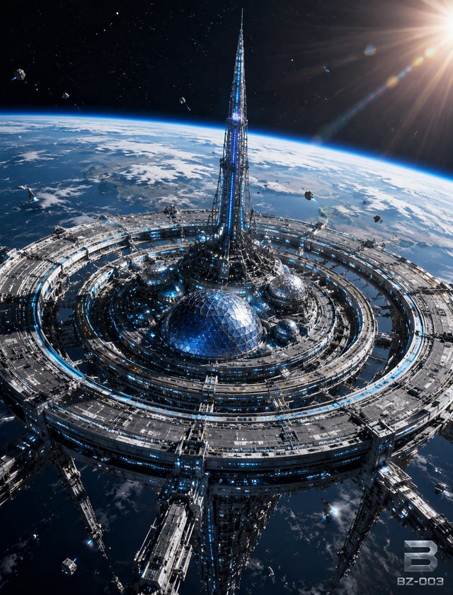 Subject: A massive, complex, orbital space station or mega-engineering project in high-orbit, seen f