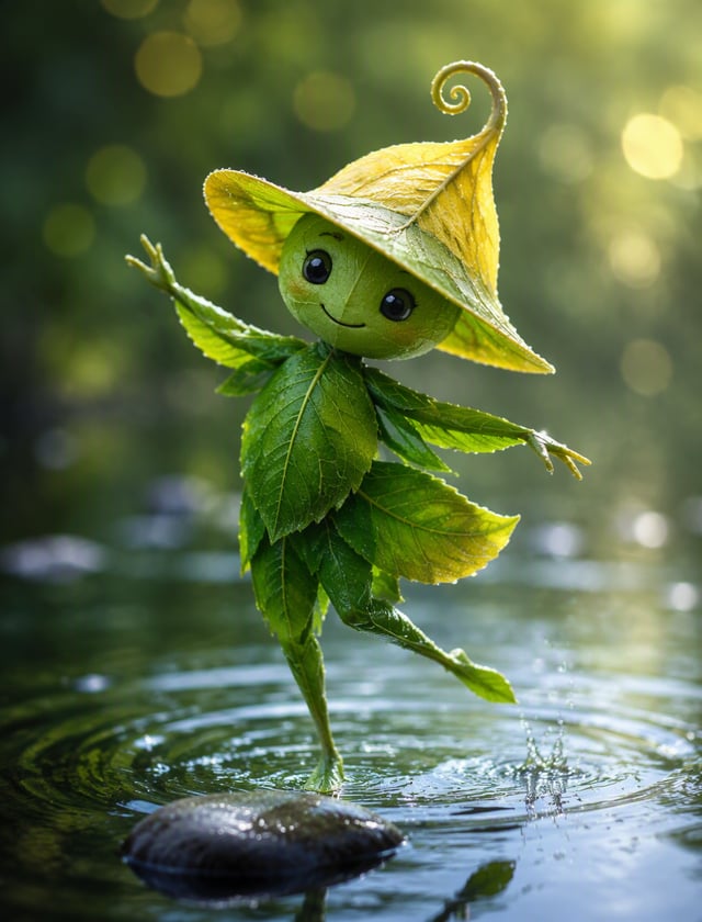 A photograph of a whimsical leaf creature delicately dancing on a tranquil lake. The creature, const