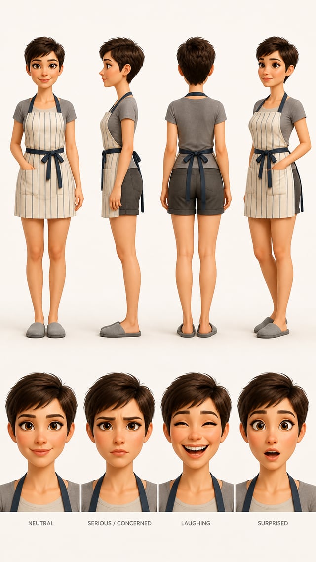 ПРОМПТCharacter design sheet of a warm young mother in a polished stylized 3D family animation look.