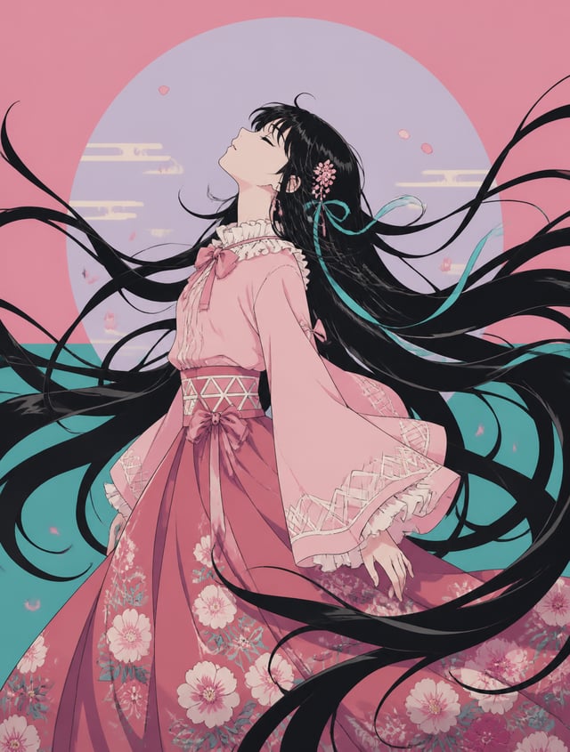 A stylized anime girl turns her face upward in profile, eyes closed, while her exceptionally long bl