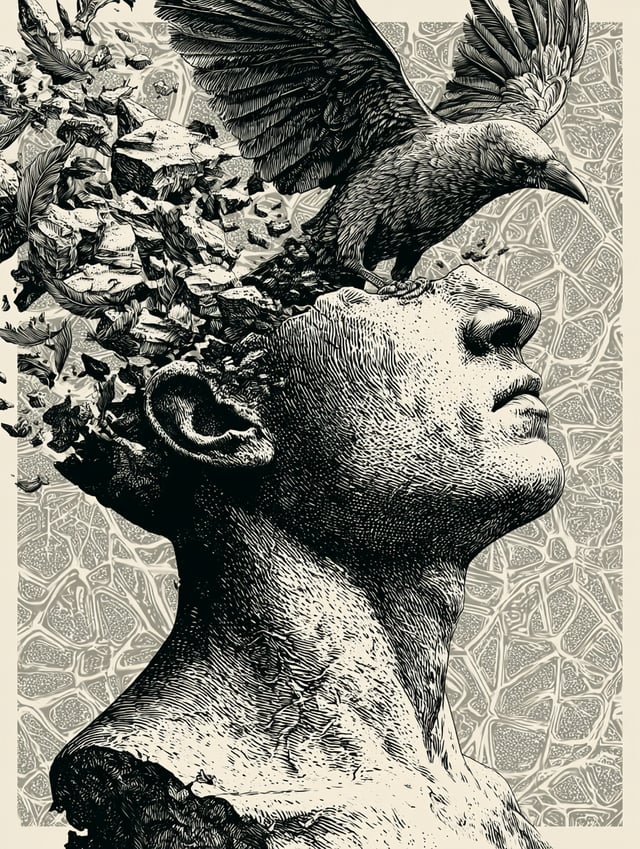 A surreal high-contrast illustration depicts a monochromatic human bust fracturing at the cranium, f
