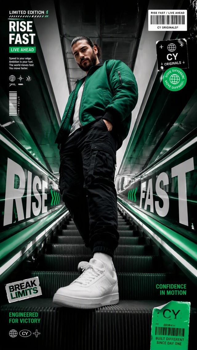 A premium 9:16 sports-fashion editorial advertising poster.Main Subject:A determined young male mode