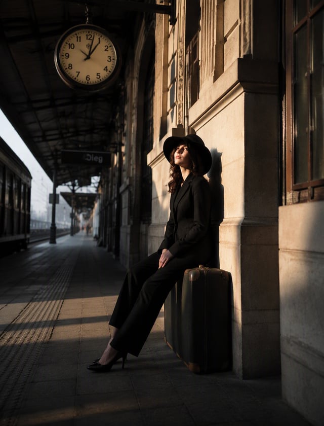 A woman in an elegant suit with black shoes and hat is sitting on top of her large suitcase, against