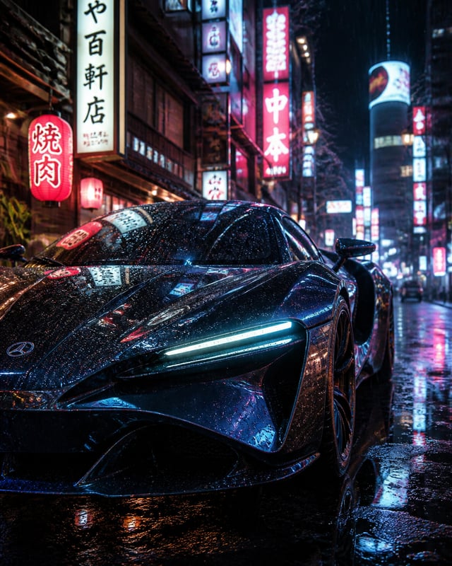 A futuristic luxury sports car parked under heavy rain in a neon-lit Tokyo street at night, reflecti