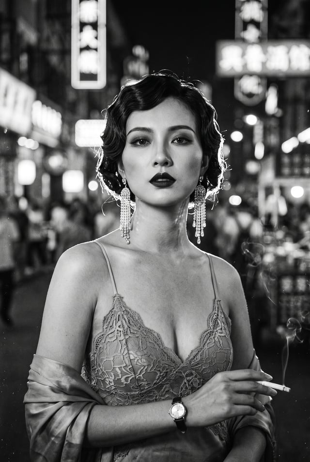 High-contrast black and white vintage glamour portrait, 1940s style fashion photography, Shanghai Fa