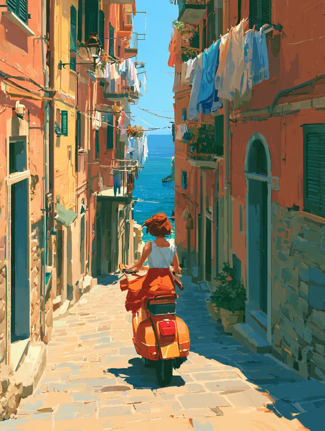 Vibrant travel scene of a person riding a vintage scooter through a sunlit Mediterranean coastal tow