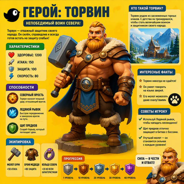 Детская яркая обучающая инфографика в стиле пиксар про мужской мускулистый персонажа из фэнтази мира