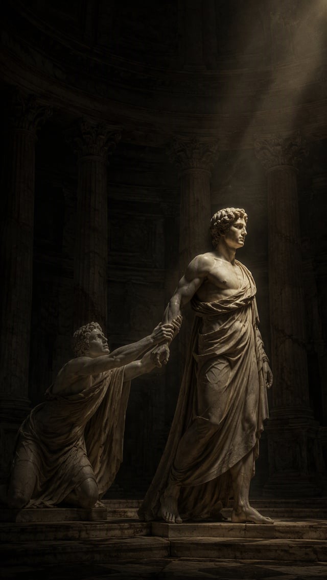 monumental ancient Roman marble sculpture depicting two human figures, one stoic figure standing upr