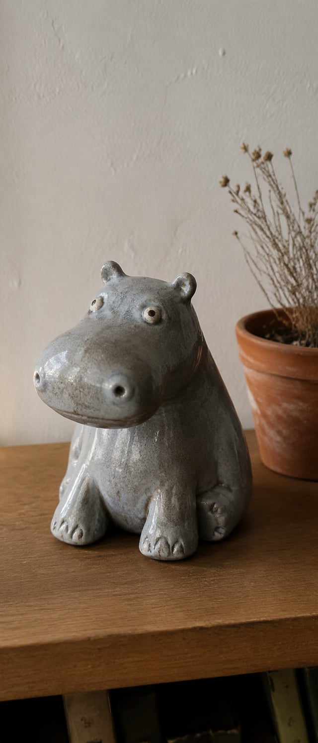 A vertical 9:20 photograph of a handmade ceramic hippopotamus figurine sitting on a wooden shelf.The