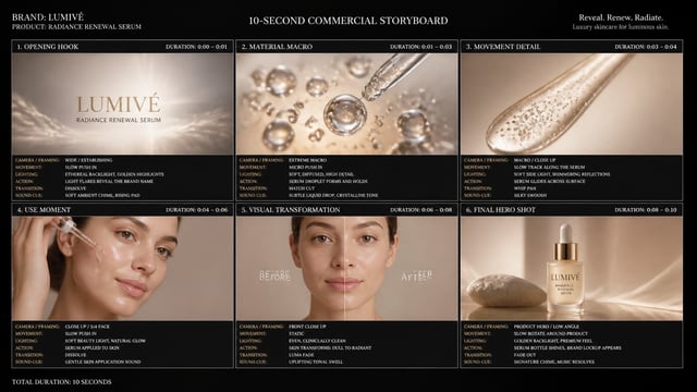Create a 10-second cinematic product commercial storyboard for косметической сыворотки. Include six 
