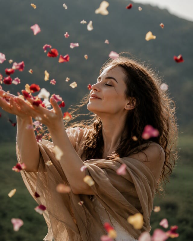 A hyper-realistic cinematic portrait of a young woman caught in one decisive moment — releasing a ha