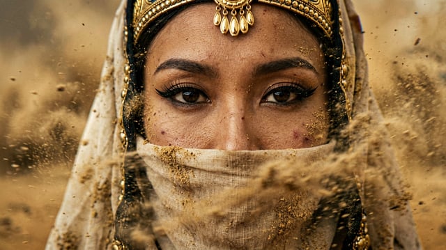 extreme close-up portrait of a young beautiful elegant Egyptian-Persian woman, focus on her hypnotic