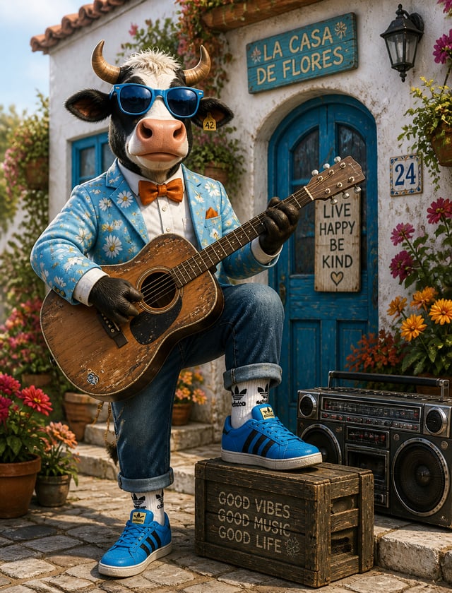 A vibrant concept art illustration of a charming, anthropomorphic cow character wearing a sky-blue j