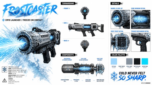 Create a premium cinematic tech bible sheet for an original weapon called FROSTCASTER, a cryo launch
