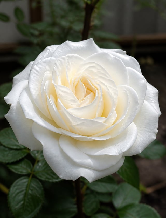 A fully opened white rose dominates the frame, its layered petals curling outward around a softly cu