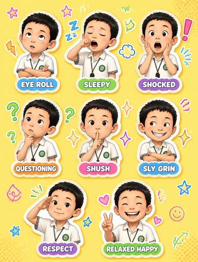 Using the attached character image as the reference, create a fun sticker-sheet style illustration t