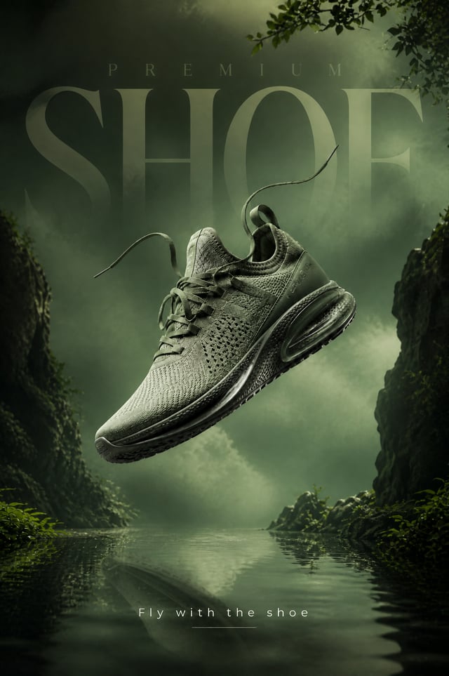 make an breathtaking, luxury, photorealistic commercial ad of shoe, big font text prefectly blend wi
