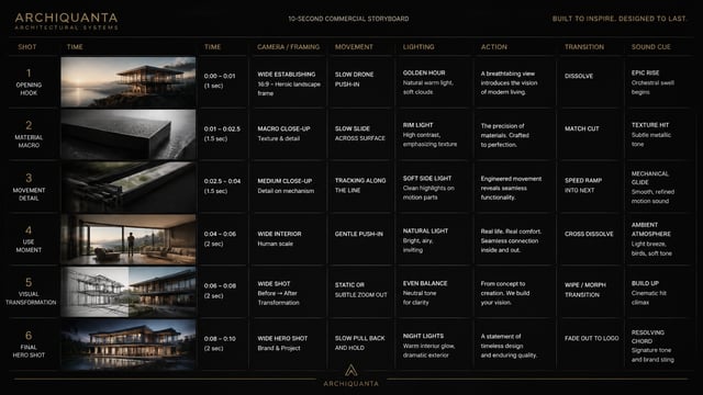 Create a 10-second cinematic product commercial storyboard for архитектурного проекта. Include six t