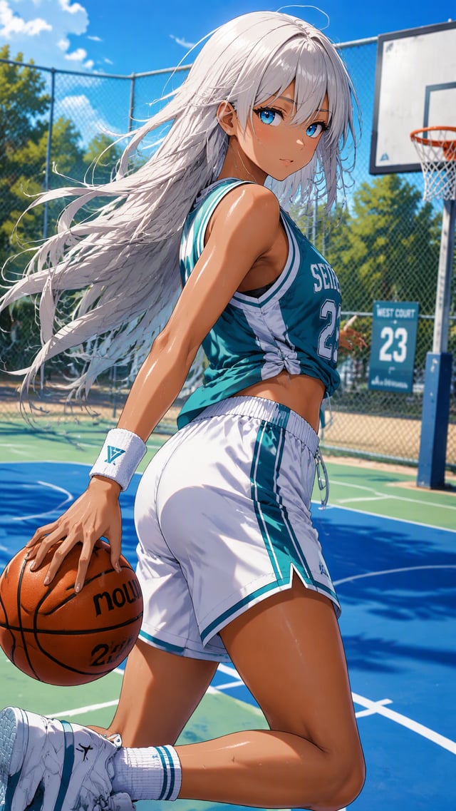 Vibrant, high-quality anime illustration of a young woman standing on an outdoor basketball court, c