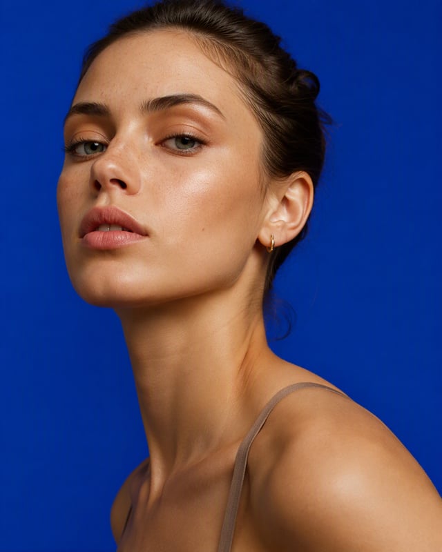 Create a hyper-realistic 4:5 editorial fashion portrait of a young woman against a bold, saturated s