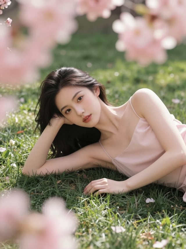 The model reclines gracefully on a lush garden lawn surrounded by blooming pink flowers. Her body li