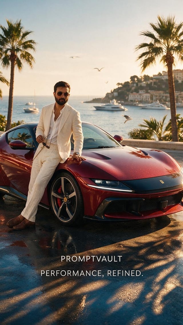the character in reference image 1 Ultra-photorealistic 8K vertical luxury automotive campaign, 9:16